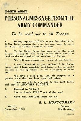 Personal Message from General B.L. Montgomery, General, Eighth Army, to all troops, Sicily, September 1943.