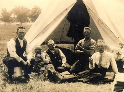 Niagara-on-the-Lake Training Camp for The Halton Rifles Home Guard, c.1916. The Halton Rifles were a predecessor to the Lorne Scots. Left to Right: M. Marks, Tom Leaver, Sam Leaver, Henry Leaver and Bill Pell.