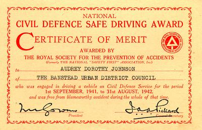 National Civil Defence Safe Driving Award granted to Audrey Johnson by the Banstead Urban District Council, Britain.