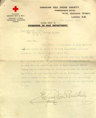 Letter sent to Captain Kenneth Dean Marlatt acknowledging receipt of his contribution to prisoners of war, 4th Canadian Mounted Rifles, in the hospital at Stuttgart, Germany. Marlatt is informed that his donation has been used for four parcels.