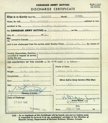 Canadian Army (Active) Discharge Certificate for Ivan Mavrinac, Royal Canadian Engineers, 17 November 1945