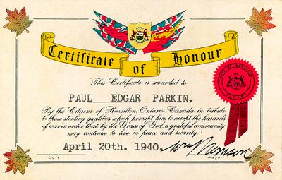 Certificate of Honour awarded to Paul Edgar Parkin by the citizens of Hamilton, Ontario for service in the Second World War.