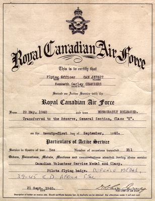Royal Canadian Air Force certificate for Ken Chambers.