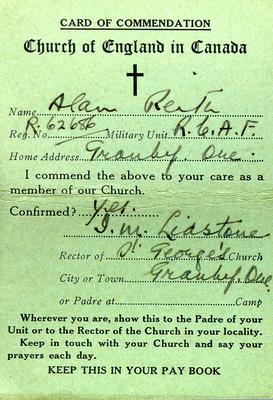 Card of Commendation from the Church of England in Canada for Alan G. Reith.