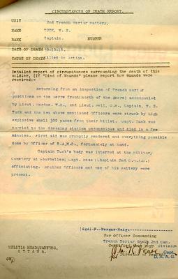 Circumstances of Death Report for Captain William Sinclair Tuck. "Returning from an inspection of trench mortar positions ... Captain W.S. Tuck [was] struck by a high explosive shell ... and died in a few minutes."