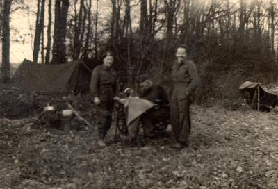Second World War soldiers in Germany with sewing machine found in a tannery in 1945.