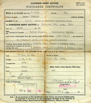 Canadian Army Discharge Certificate for James Coakley, May 9, 1946.