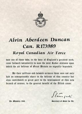 Royal Canadian Air Force document acknowledging the radar station service of Alvin Duncan during the Second World War.