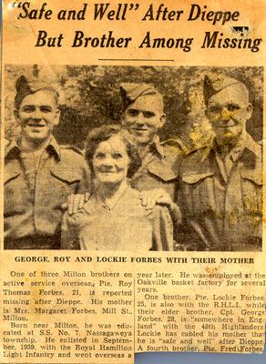 Newspaper article: "Safe and Well after Dieppe But Brother Still Missing - George, Roy, and Lockie Forbes with their mother."