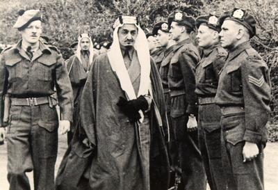 Lt. Roy Kelley (far left), Royal Guard Commander for the Faisal brothers' visit to England from Saudi Arabia, 1943