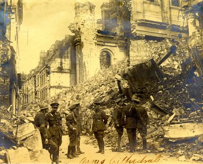 First World War scene showing Arras Cathedral, France. Found behind the walls of a house on Navy Street in Oakville, this photo shows the devastation Canadian soldiers encountered in Europe during their service in the First World War.