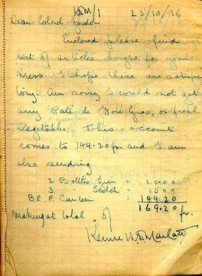 Page dated 15 October 1916 from the <i>Army Book 152-Correspondence Book (Field Service)</i> belonging to Kenneth Dean Marlatt.