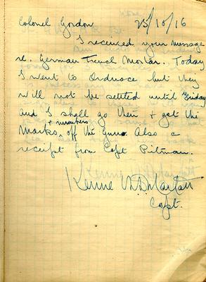 Page dated 25 October 1916 from the Army Book 152-Correspondence Book (Field Service) belonging to Kenneth Dean Marlatt