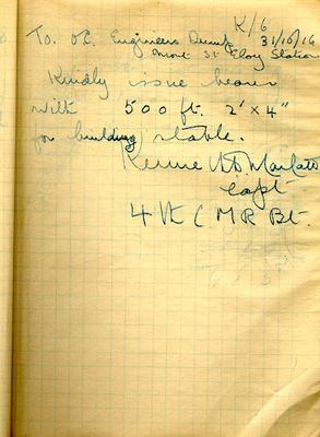 Page dated 31 October 1916, K/6, from the Army Book 152-Correspondence Book (Field Service) belonging to Kenneth Dean Marlatt