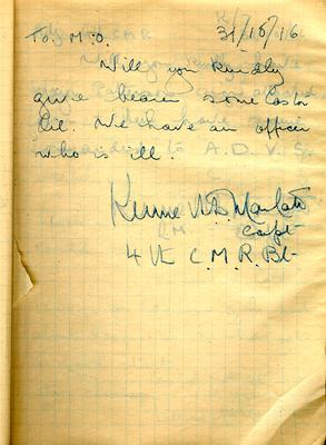 Page dated 31 October 1916, from the <i>Army Book 152-Correspondence Book (Field Service)</i> belonging to Kenneth Dean Marlatt.