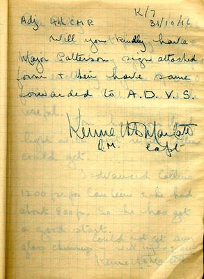 Page dated 31 October 1916, K/7, from the Army Book 152-Correspondence Book (Field Service) belonging to Kenneth Dean Marlatt