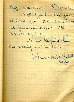 Page dated 31 October 1916, K/8, from the Army Book 152-Correspondence Book (Field Service) belonging to Kenneth Dean Marlatt