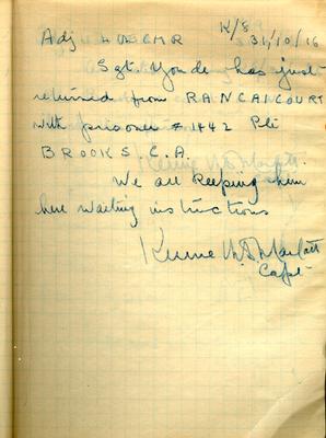 Page dated 31 October 1916, K/18, from the Army Book 152-Correspondence Book (Field Service) belonging to Kenneth Dean Marlatt