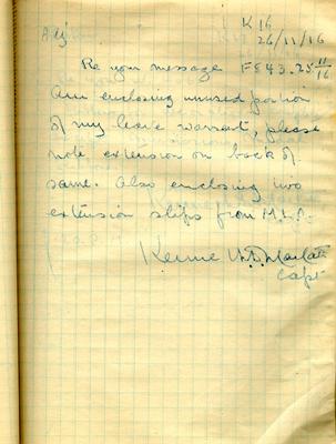 Page dated 26 November 1916, from the Army Book 152-Correspondence Book (Field Service) belonging to Kenneth Dean Marlatt