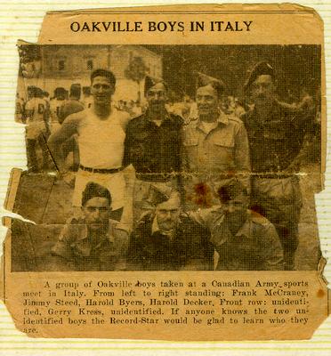 Newspaper article &quot;A Group of Oakville Boys taken at a Canadian Army sports meet&quot; Top row (left to right): Frank McCraney, James Steed, Harold Byers, Grant Hughes; Bottom row (left to right): Aaron Brown, Gerry Kress, Norman Flaxman