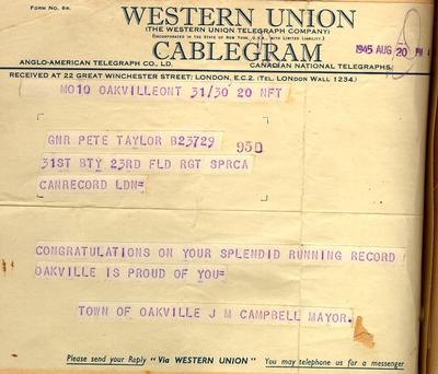 Cablegram of congratulations from Oakville Mayor JM Campbell to Peter Taylor, 20 August 1945.