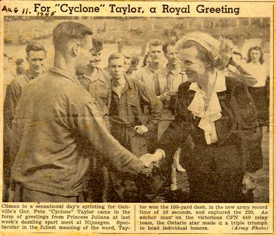 Newspaper clipping: Princess Juliana congratulates Peter Taylor, August 11, 1945