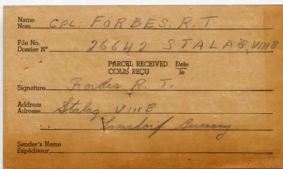 The Westwood Soldiers' Circle was formed to communicate with and provide candies and cigarettes to Oakville servicemen overseas. The card from CPL. Roy Forbes acknowledges receipt of a package from the the Circle sent to him at a German POW camp.