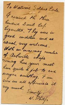 Letter of thanks to Westwood Soldiers' Circle from W. Philip. The Westwood Soldiers' Circle was formed in Oakville during the Second World War to communicate with and provide candies and cigarettes to Oakville servicemen overseas.