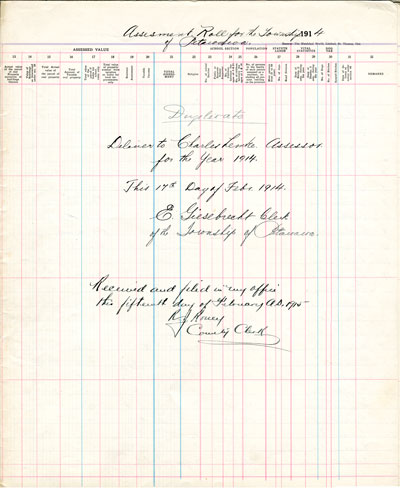 1914 Assessment Roll for the Township of Petawawa