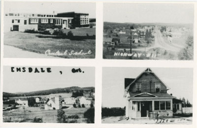 Composite Photographic Postcard of the Central School, Highway #11, Emsdale Ontario, and a House
