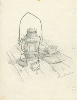 Pencil Sketch of a Lantern and Train Engineer's Cap, 1978
