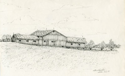 Pencil Sketch of a Large Wooden Barn, 1977
