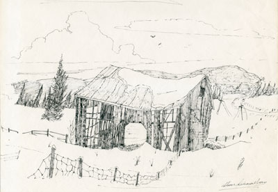 Sketch of Snow-Covered Abandoned Barn
