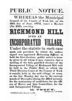 Notice announcing incorporation of Richmond Hill