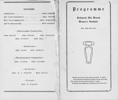 Programme of Richmond Hill Branch of Women's Institute (1920-21)