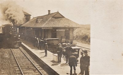 Postcard picture of the Russel Railroad Station