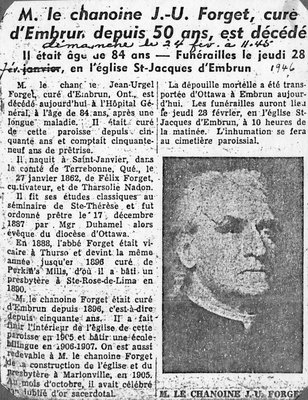 Article de journal sur le décès de M. le chanoine J.-U. Forget, curé d'Embrun depuis 50 ans.