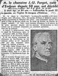 Article de journal sur le décès de M. le chanoine J.-U. Forget, curé d'Embrun depuis 50 ans.
