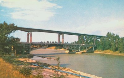 The Welland Ship Canal showing the Homer Bridge and the Garden City Skyway