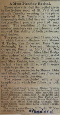 Teresa Vanderburgh's  Musical Scrapbook #1 - Newspaper Clipping describing a Piano Recital