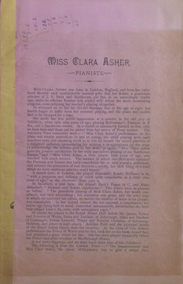 Teresa Vanderburgh's Musical Scrapbook #1 - Short Biography (Pamphlet) About Miss Clara Asher, Pianist