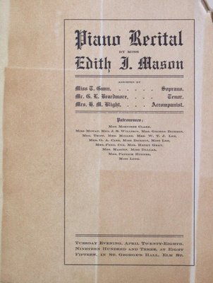 Teresa Vanderburgh's Musical Scrapbook #2 - Program for a Piano Recital Given by Miss Edith Mason.