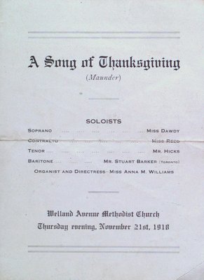 Program for A Song of Thanksgiving at Welland Avenue Methodist Church