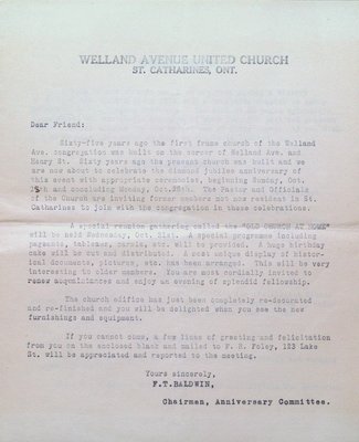 Letter to Former Members of Welland Avenue United Church