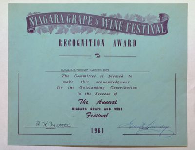 Niagara Grape and Wine Festival Recognition Award