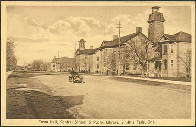 Town Hall, Central School & Public Library, Smith's Falls, Ont. postcard