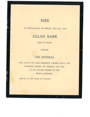 Allan Barr death notice, Smiths Falls