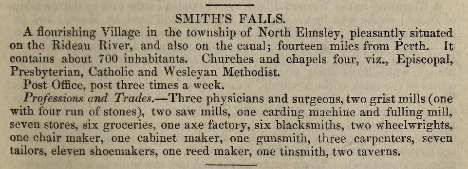 Smiths Falls description, Smith's Canadian gazetteer, 1846