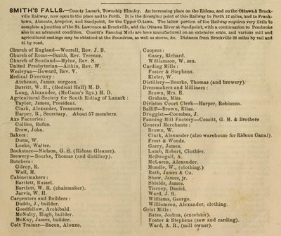 Smiths Falls description and business listing, Leeds, Grenville, Lanark, & Renfrew county directory, 1859