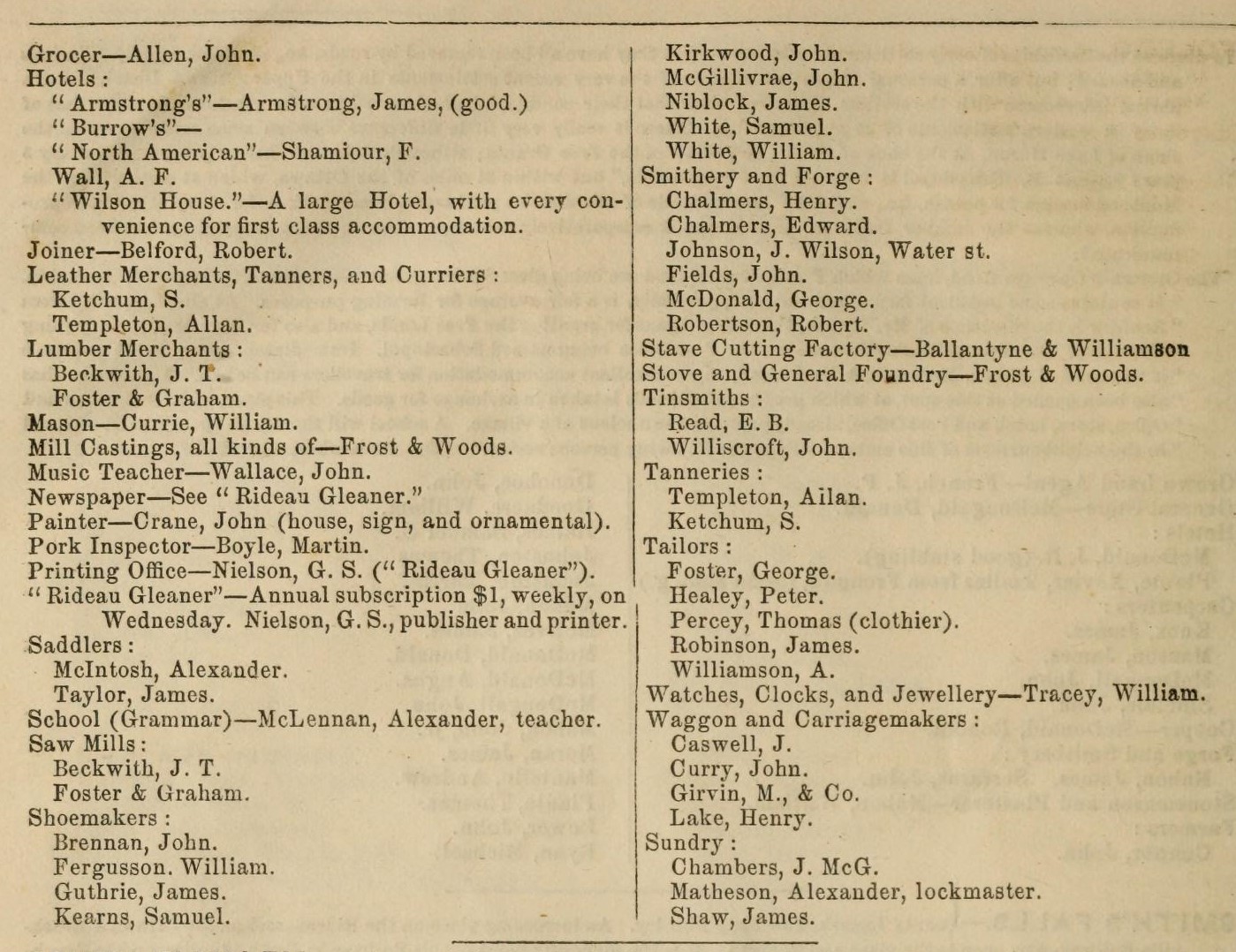 Smiths Falls description and business listing, Leeds, Grenville, Lanark, & Renfrew county directory, 1859